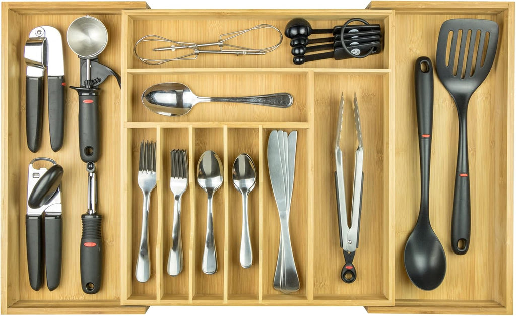Expandable 28 Inch Bamboo Utensil Organizer, 10 Compartments, Pack of 2 S76910