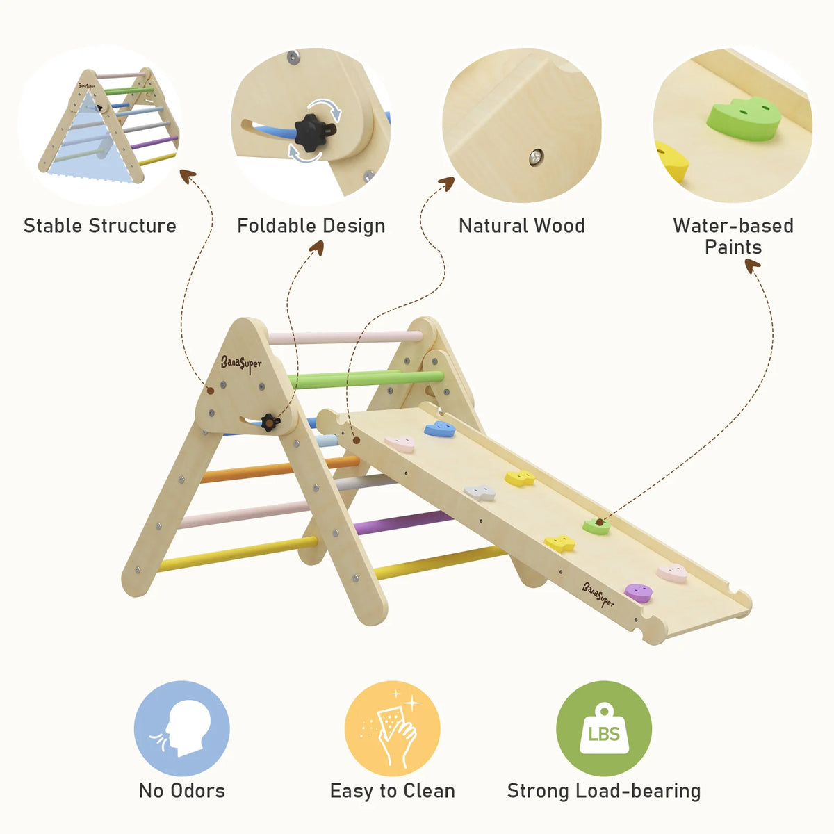3 in 1 Wooden Climbing Triangle Ladder with Ramp & Arch B6857