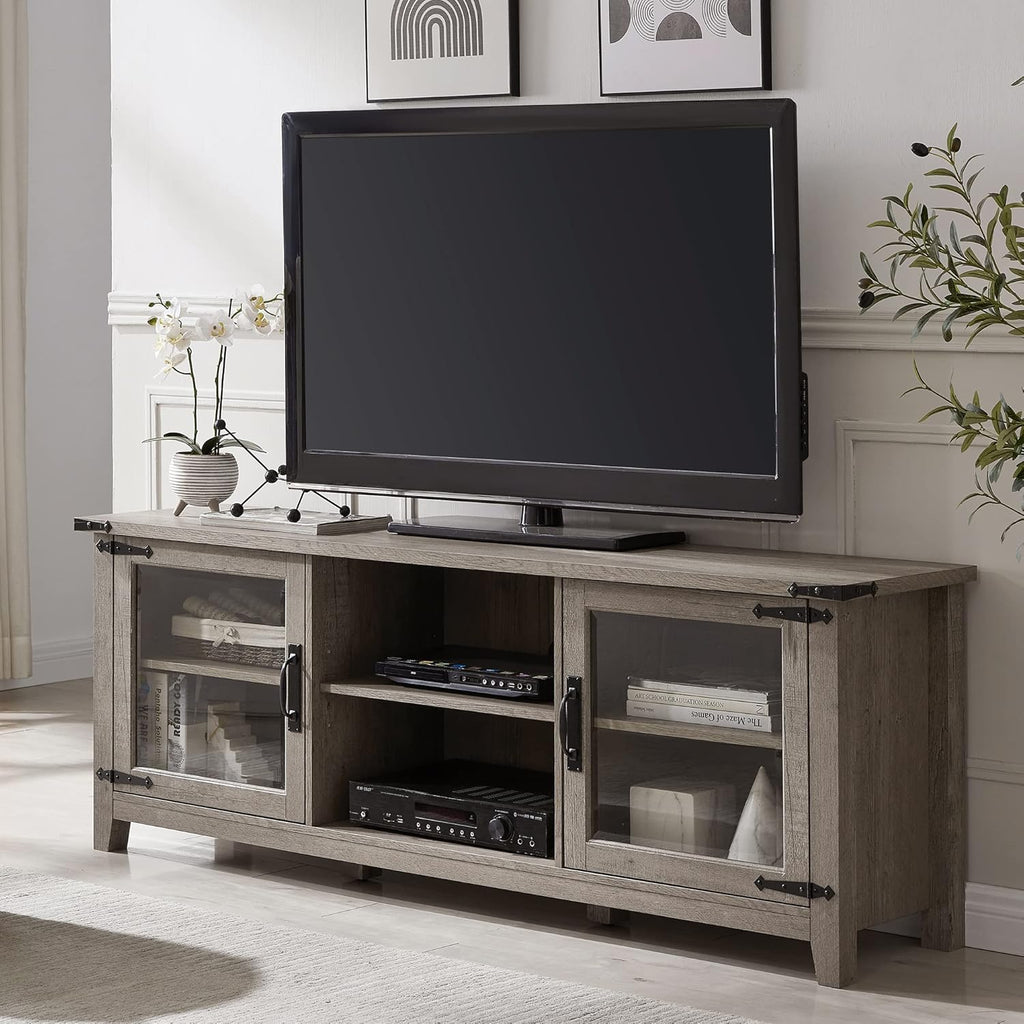 Light Rustic Oak TV Stand with Glass Storage Cabinets Z240480