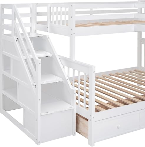 Twin-Twin Over Full Triple Bunk Bed with Storage Stairs, Wardrobe and Desk, Solid Wood L-Shaped 3 Bunk Bed with Ladder, Shelves, Headboard, Guardrail (Grey) R202
