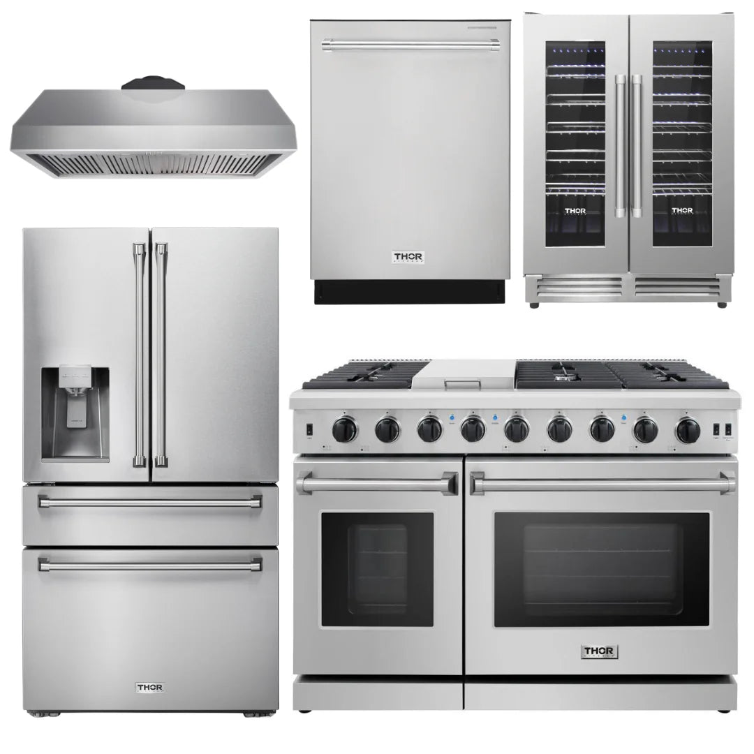 48 Gas Range, Range Hood, Refrigerator with Water and Ice Dispenser, Dishwasher & Wine Cooler I6339
