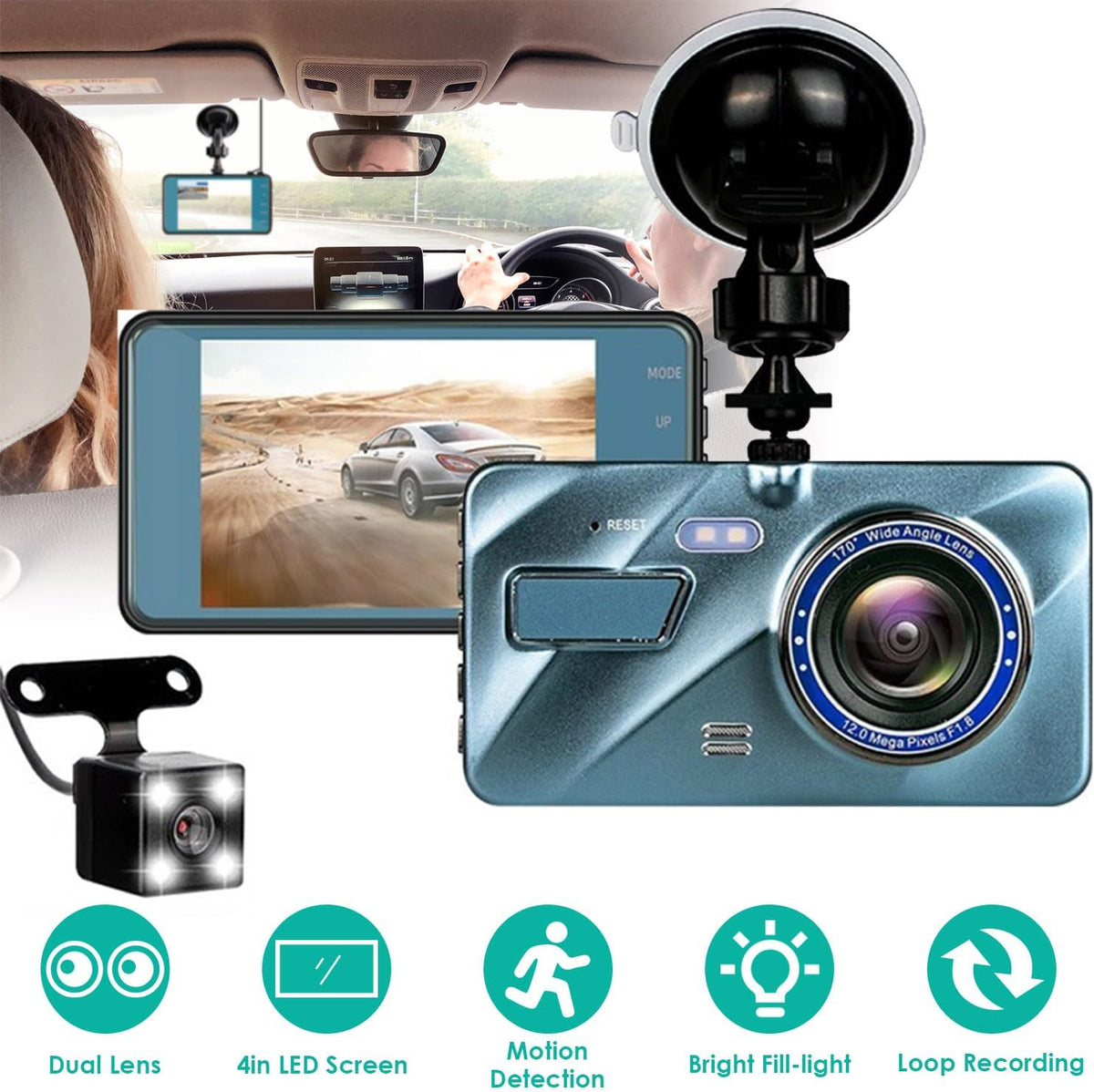 720P HD Dual Dash Cam with Night Vision and 4 inch LCD Display L14739