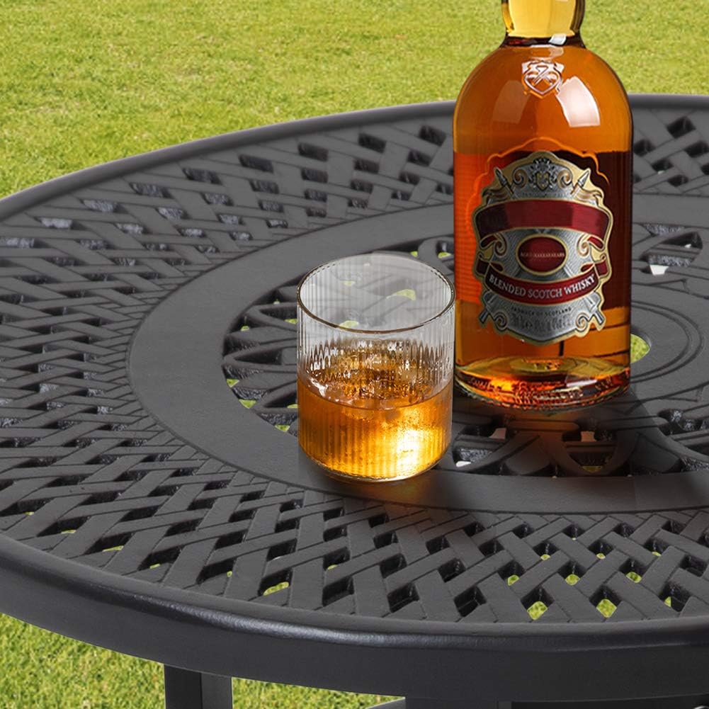 Cast Aluminum Round Side Table with Umbrella Hole, Black W717398