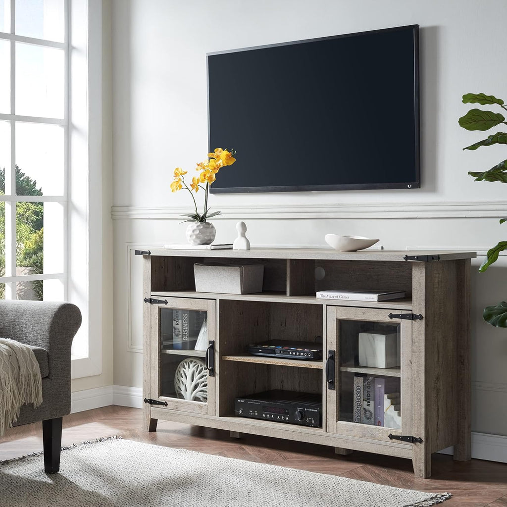 Light Rustic Oak TV Stand with Glass Storage Cabinets Z240480