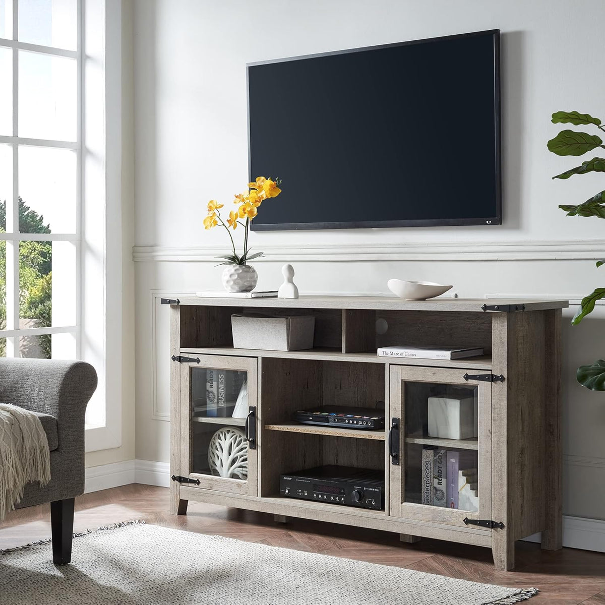 Light Rustic Oak TV Stand with Glass Storage Cabinets Z240480
