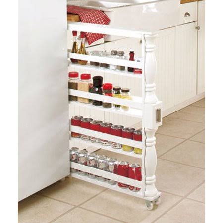 White Wooden Spice Rack Rolling Cart E4113