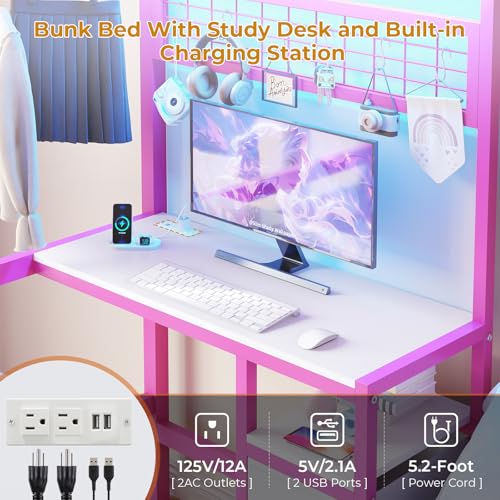 White Twin Over Twin Metal Bunk Bed with Desk and Led Lights N59855