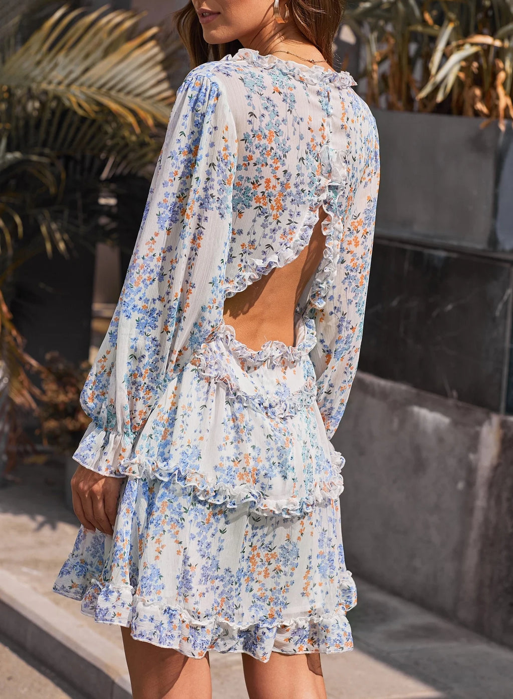 Floral Print Long Sleeve Backless Mini Dress C524