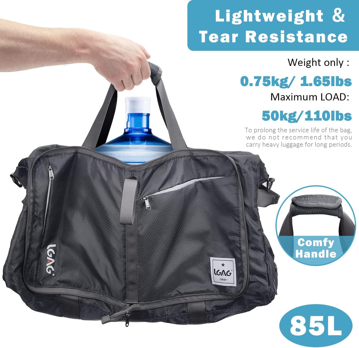 Gray 85L Foldable Waterproof Travel Duffle Bag with Shoe Compartment N236602