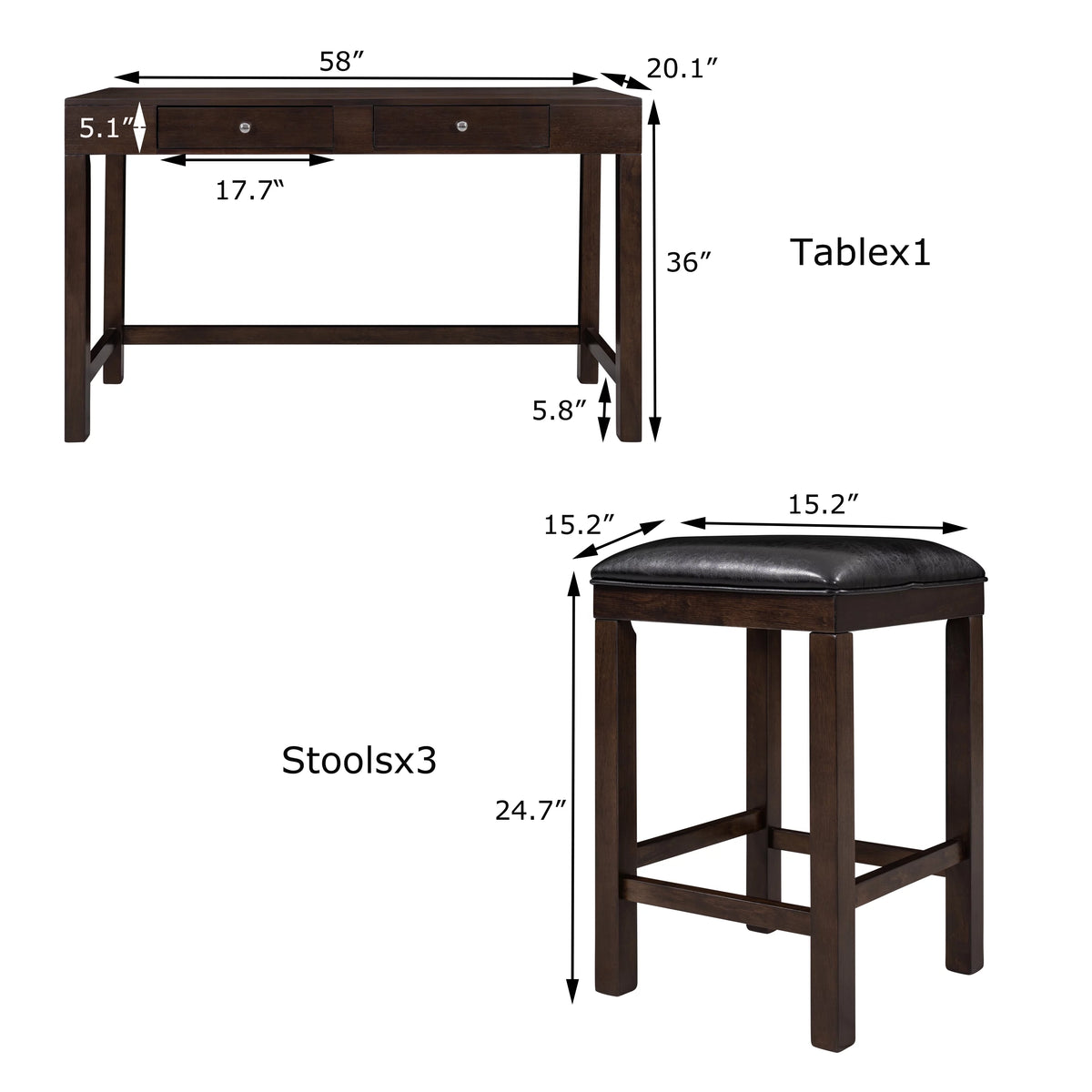 4-Piece Counter Height Table Set with Leather Padded Stools S957445