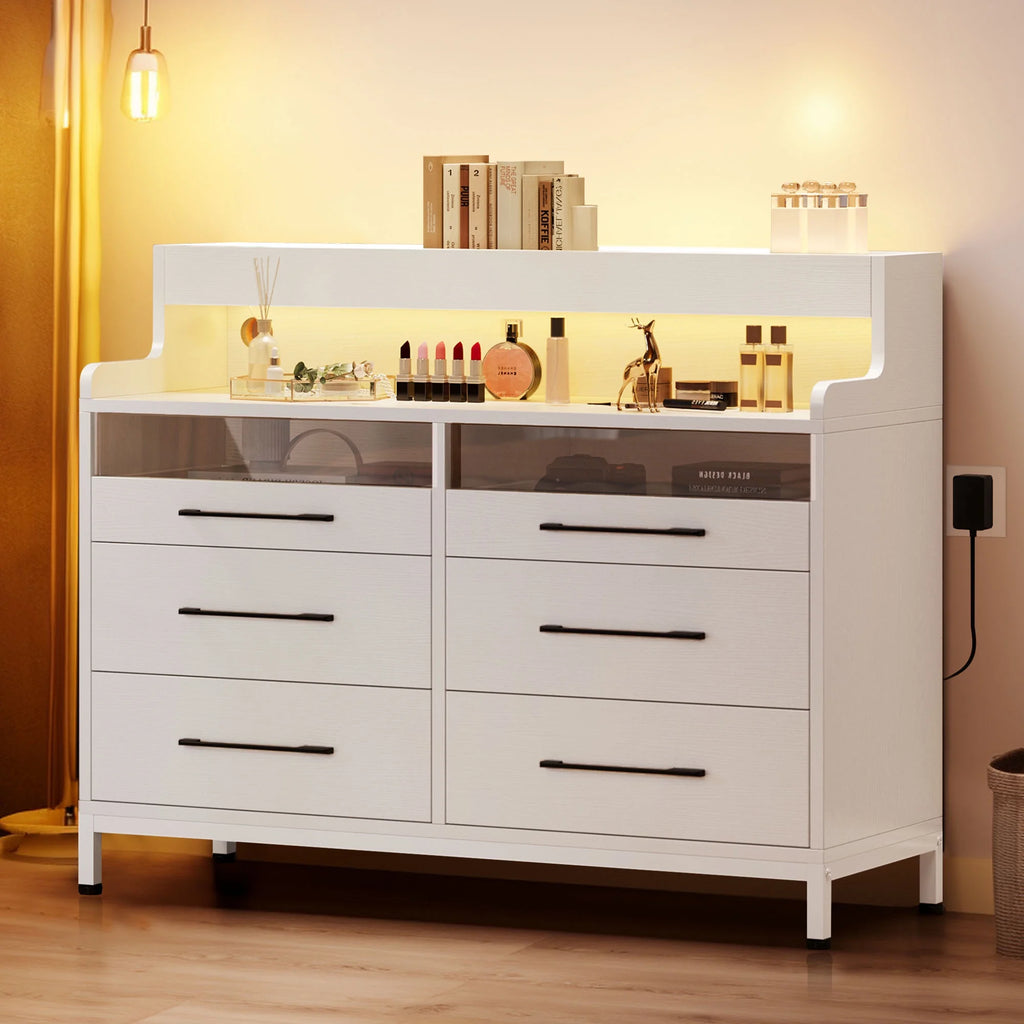 Black 6 Drawer Dresser with LED Light and Open Storage C696363