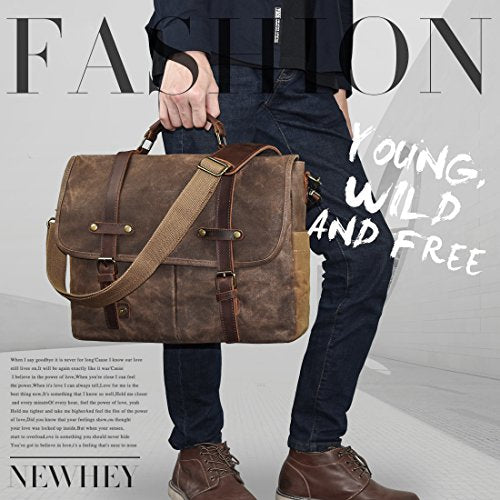15.6 Inch Waterproof Brown Leather Canvas Messenger Bag P77506