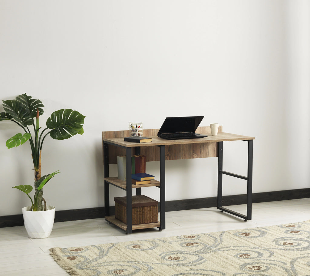 Black Metal Frame 58" Wooden Top 2 Shelves Writing and Computer Desk Y775