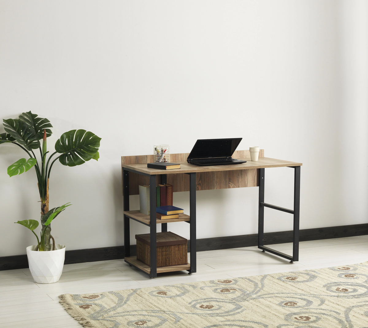 Black Metal Frame 58" Wooden Top 2 Shelves Writing and Computer Desk Y775