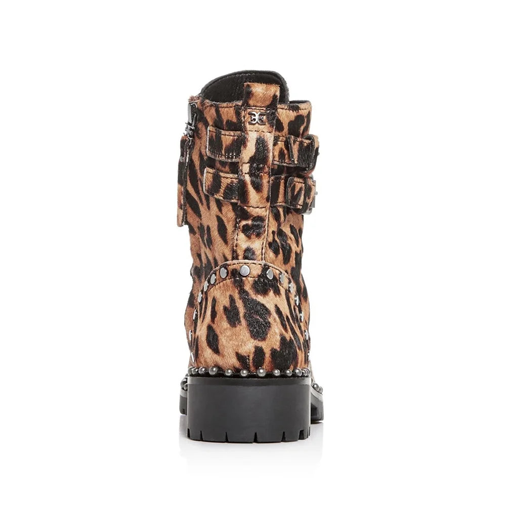 Brown Leopard Print Calf Hair Combat Boots D3402