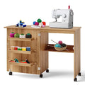 Natural Folding Sewing Table with Shelves Storage and Lockable Wheels E50198