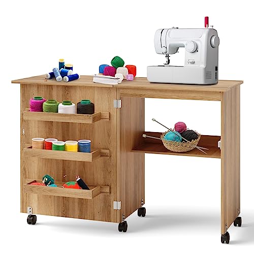 Natural Folding Sewing Table with Shelves Storage and Lockable Wheels E50198