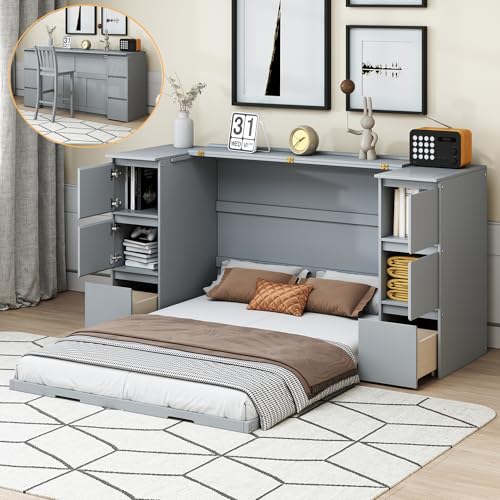 Gray Wood Murphy Bed with Drawers and Cabinets Y729529