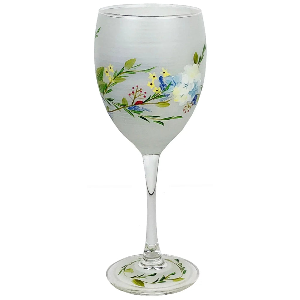Set of 2 White and Blue Floral Hand Painted Wine Glass 10.5 oz M802690