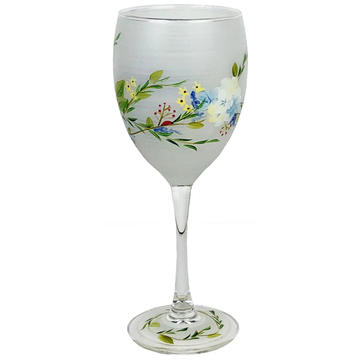 Set of 2 White and Blue Floral Hand Painted Wine Glass 10.5 oz M802690