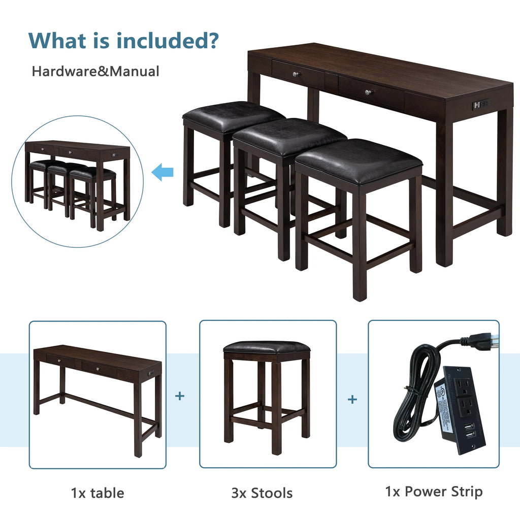 4-Piece Counter Height Table Set with Leather Padded Stools S957445