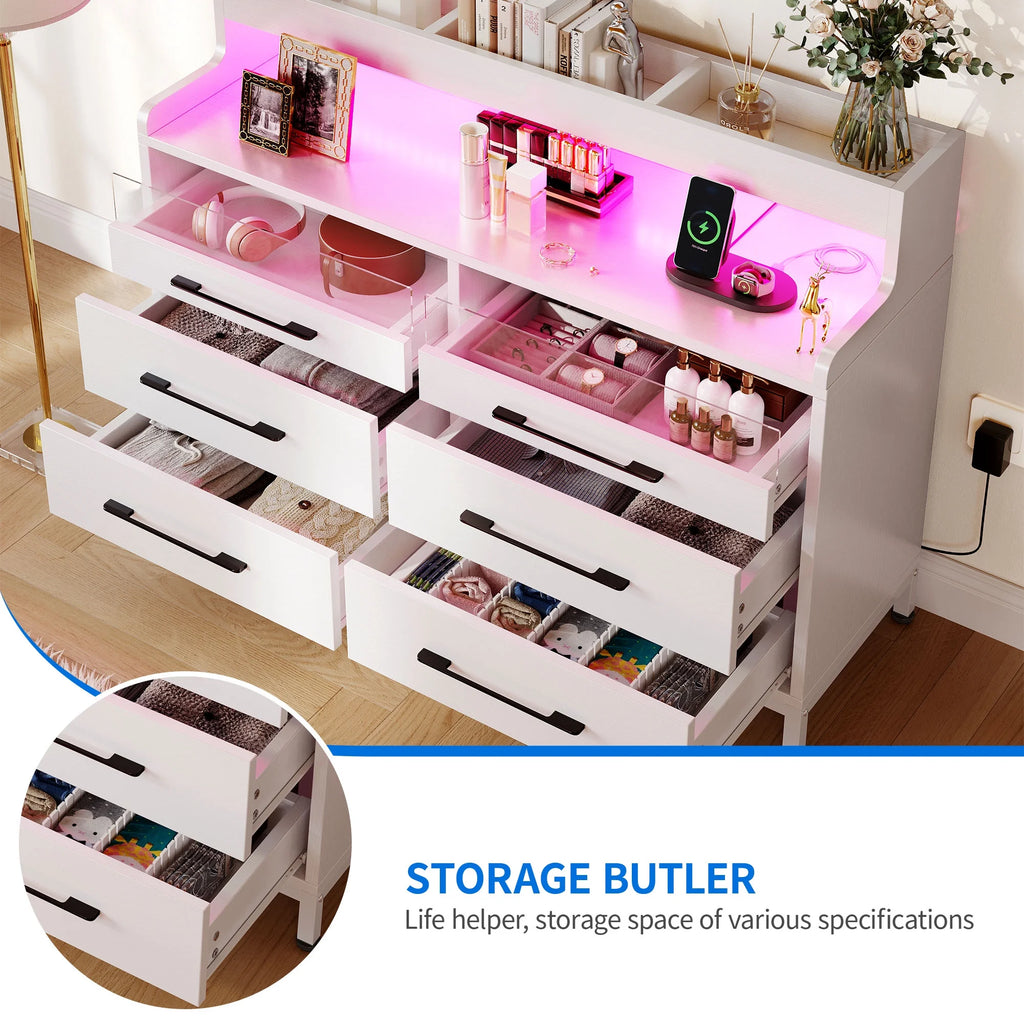 Black 6 Drawer Dresser with LED Light and Open Storage C696363