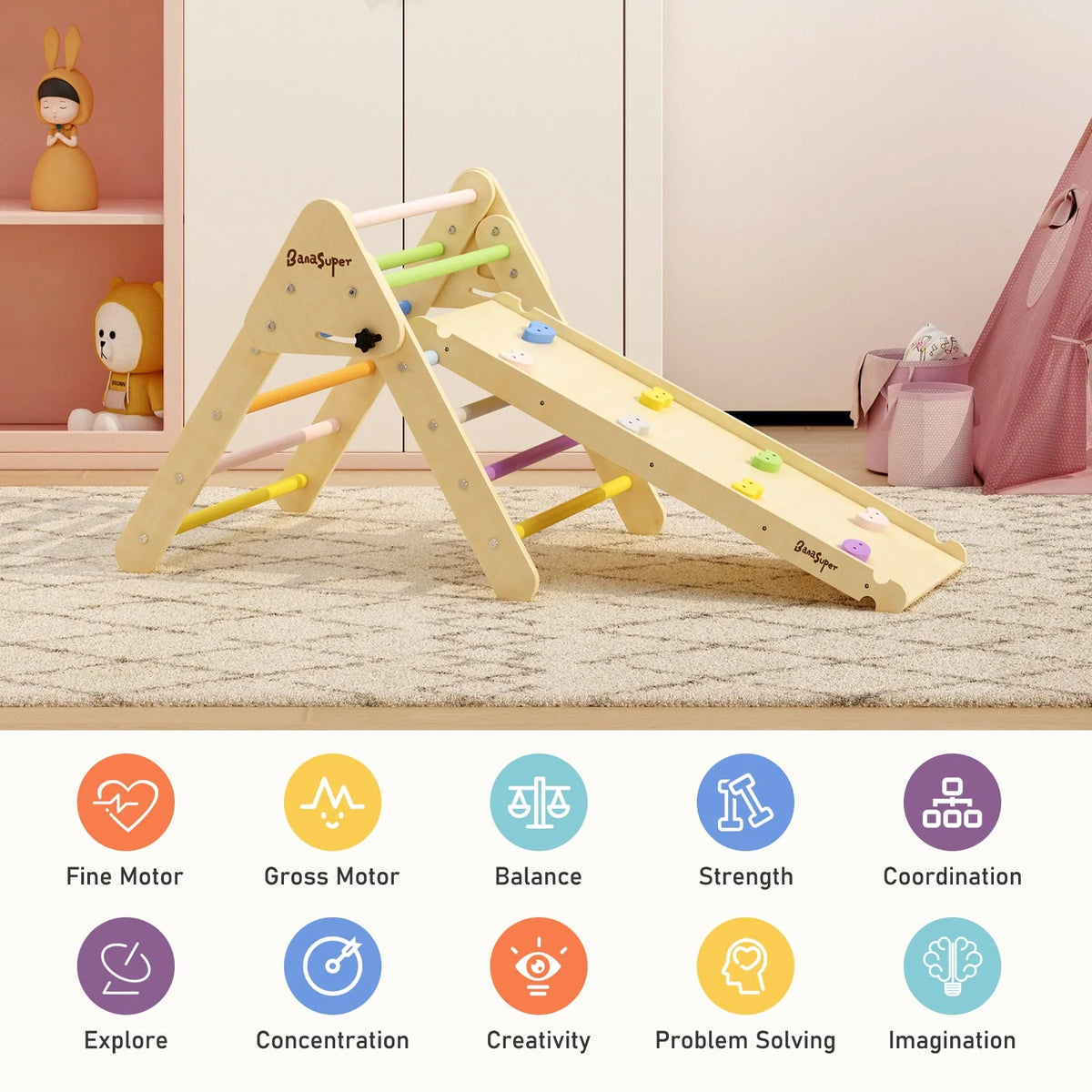 3 in 1 Wooden Climbing Triangle Ladder with Ramp & Arch B6857