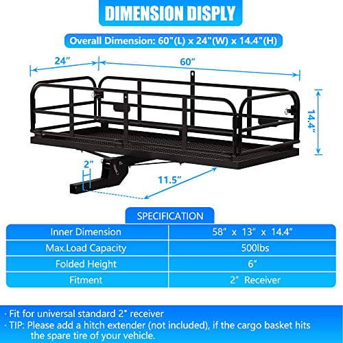 60"x24"x14.4" Folding Hitch Mount Cargo Carrier for 2" Receiver H2363