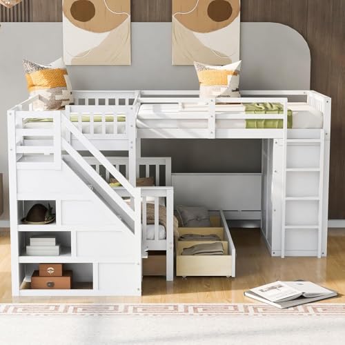 Twin-Twin Over Full Triple Bunk Bed with Storage Stairs, Wardrobe and Desk, Solid Wood L-Shaped 3 Bunk Bed with Ladder, Shelves, Headboard, Guardrail (Grey) R202