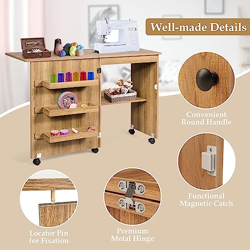 Natural Folding Sewing Table with Shelves Storage and Lockable Wheels E50198