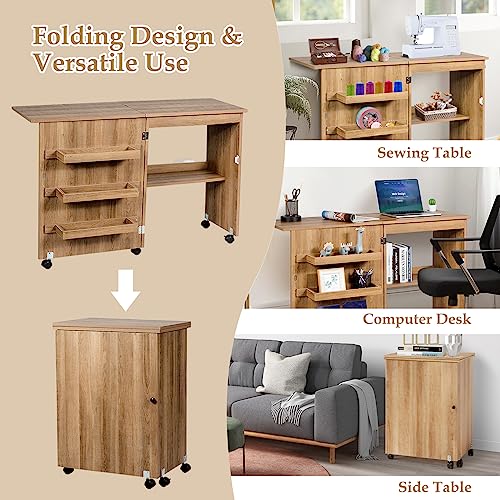Natural Folding Sewing Table with Shelves Storage and Lockable Wheels E50198
