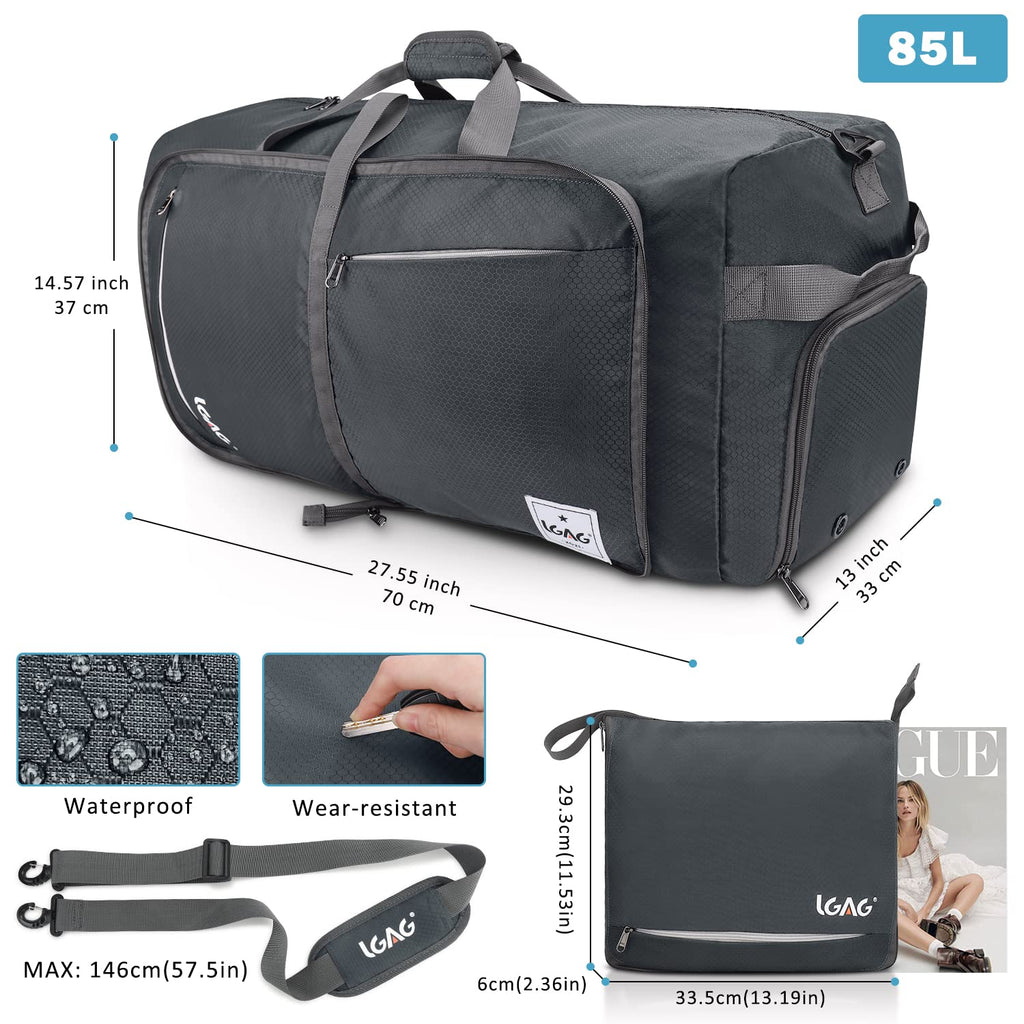 Gray 85L Foldable Waterproof Travel Duffle Bag with Shoe Compartment N236602