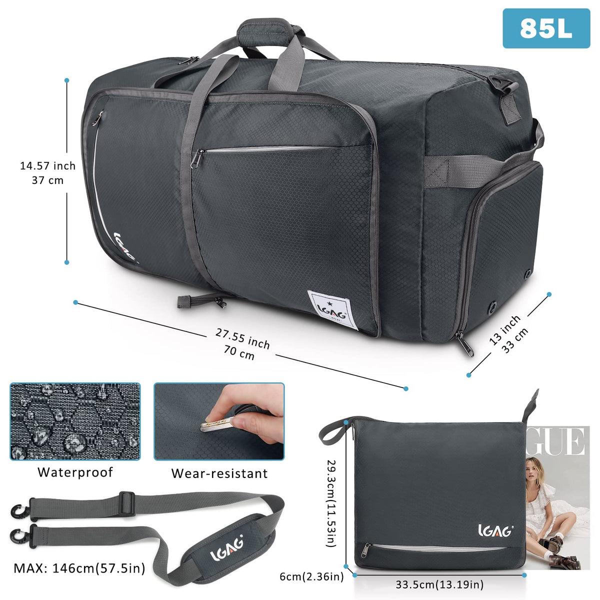 Gray 85L Foldable Waterproof Travel Duffle Bag with Shoe Compartment N236602