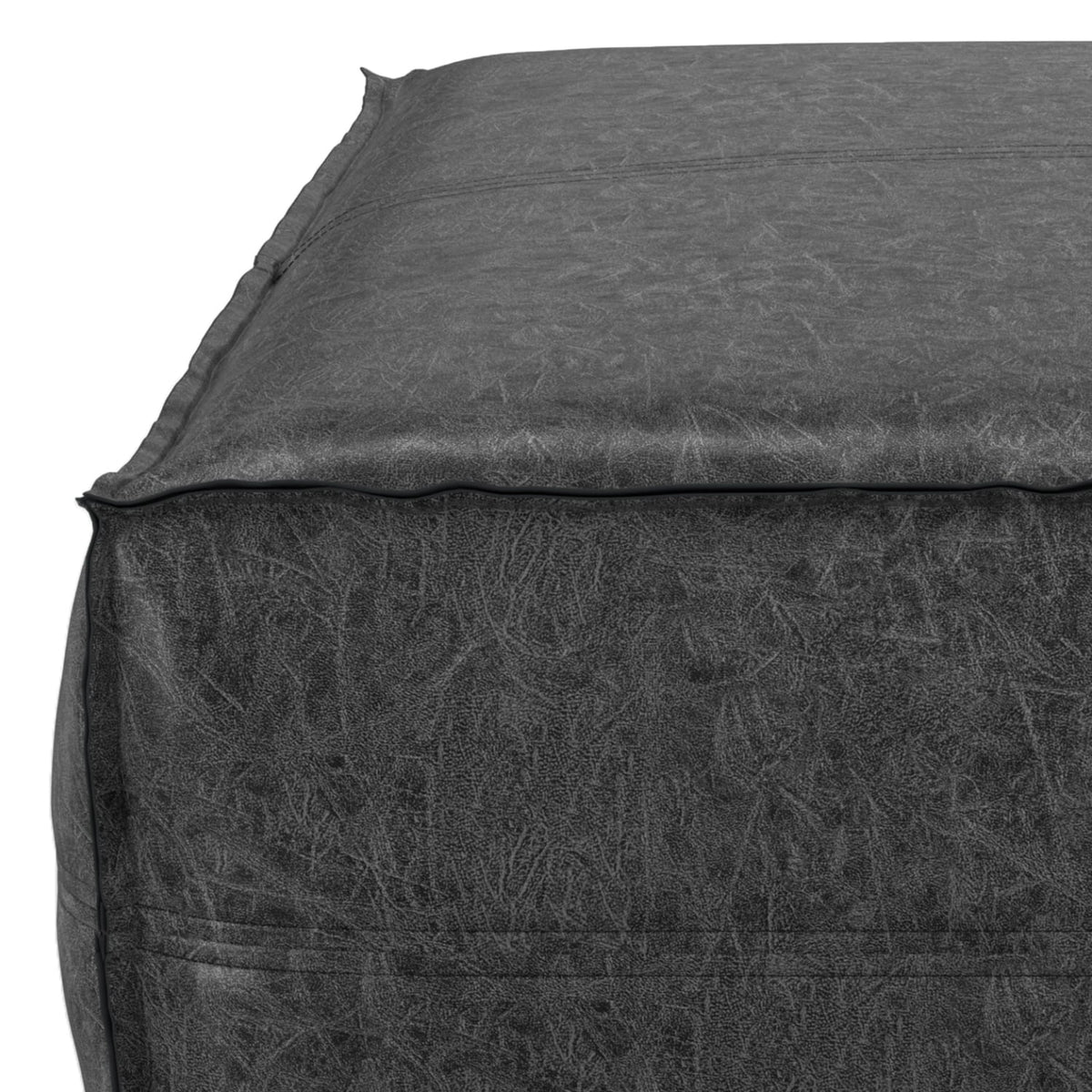 Distressed Black Vegan Faux Leather Pouf J909687