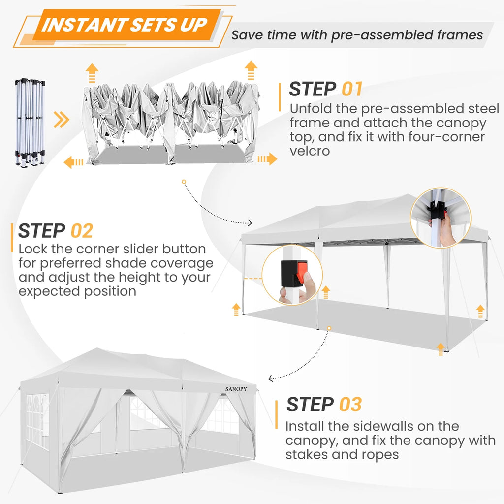 10' x 20' Pop Up Canopy Tent with 6 Removable Sidewalls and Carry Bag, White S636336