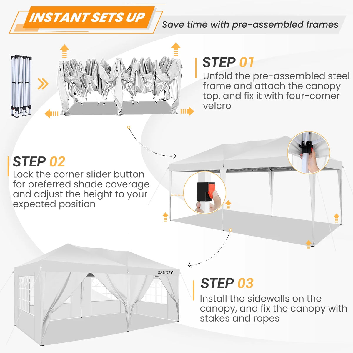 10' x 20' Pop Up Canopy Tent with 6 Removable Sidewalls and Carry Bag, White S636336