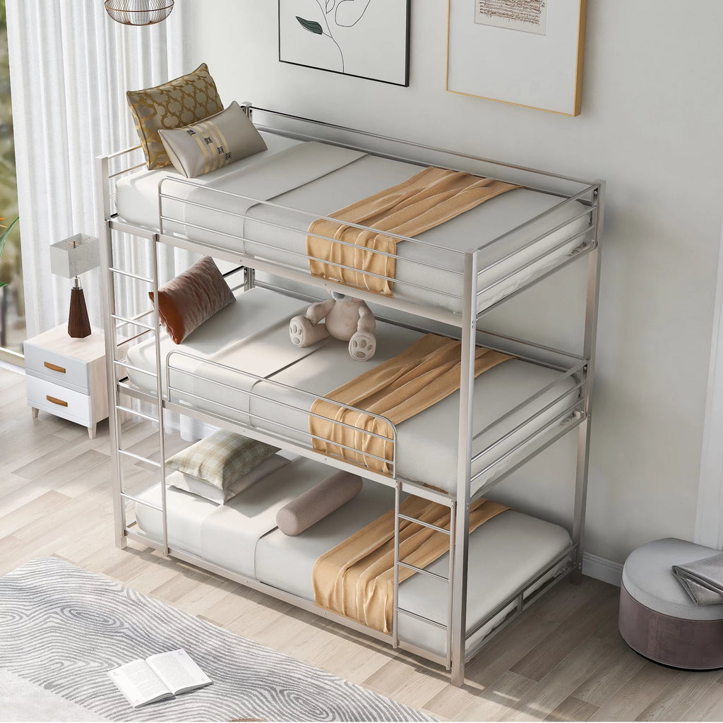 Metal Triple Bunk Bed Twin Over Twin with Ladder and Safety Guardrail N39085