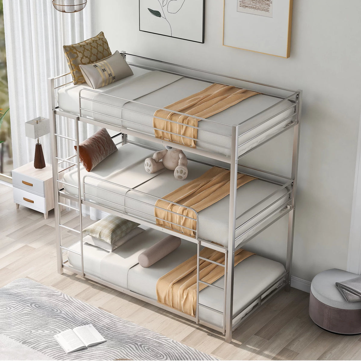Metal Triple Bunk Bed Twin Over Twin with Ladder and Safety Guardrail N39085