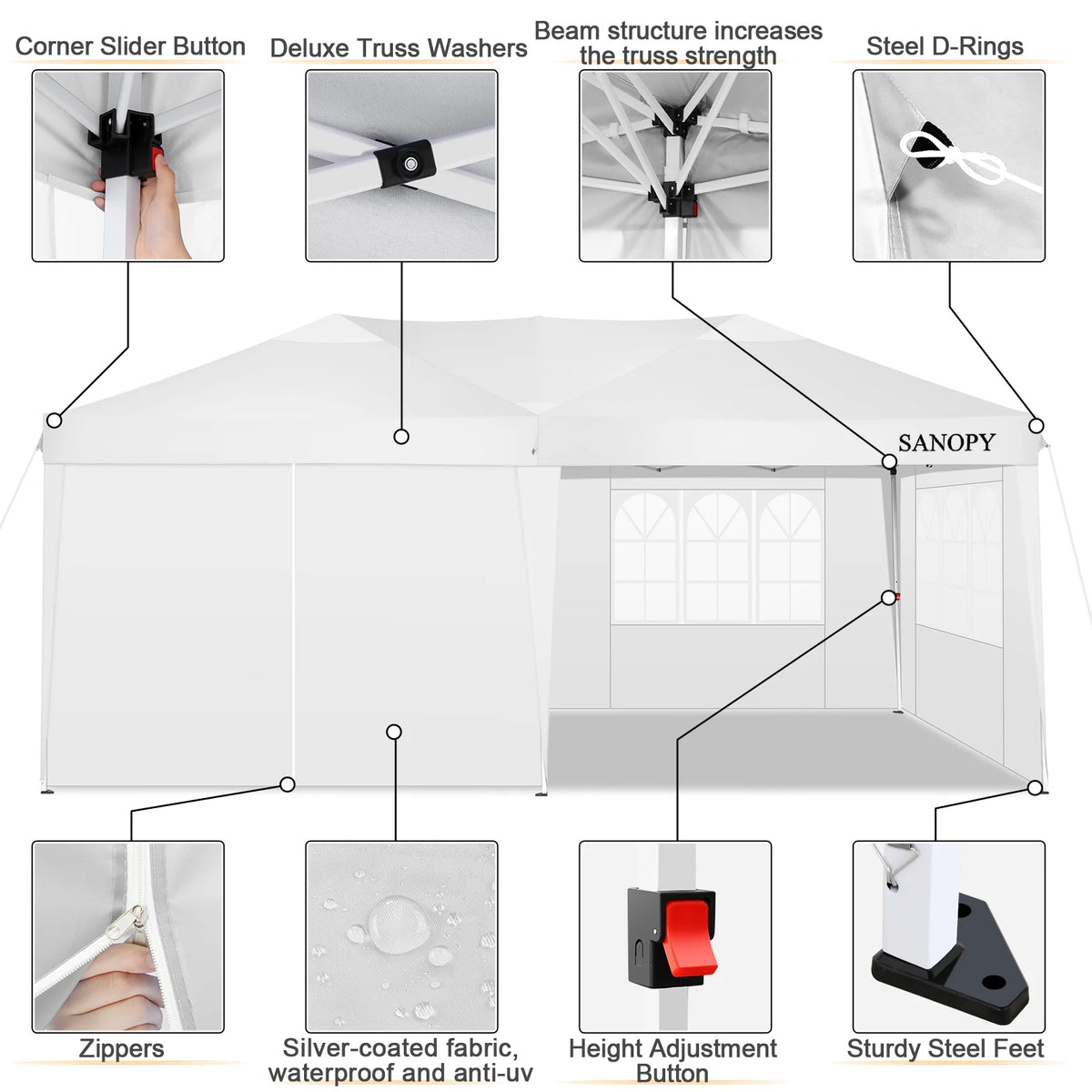 10' x 20' Pop Up Canopy Tent with 6 Removable Sidewalls and Carry Bag, White S636336