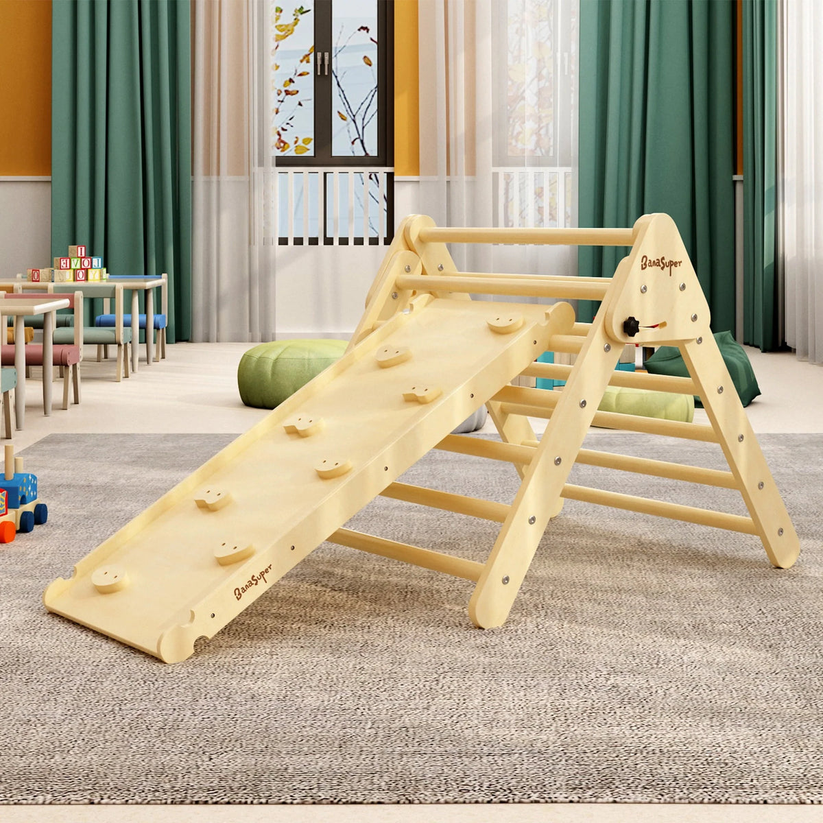 3 in 1 Wooden Climbing Triangle Ladder with Ramp & Arch B6857