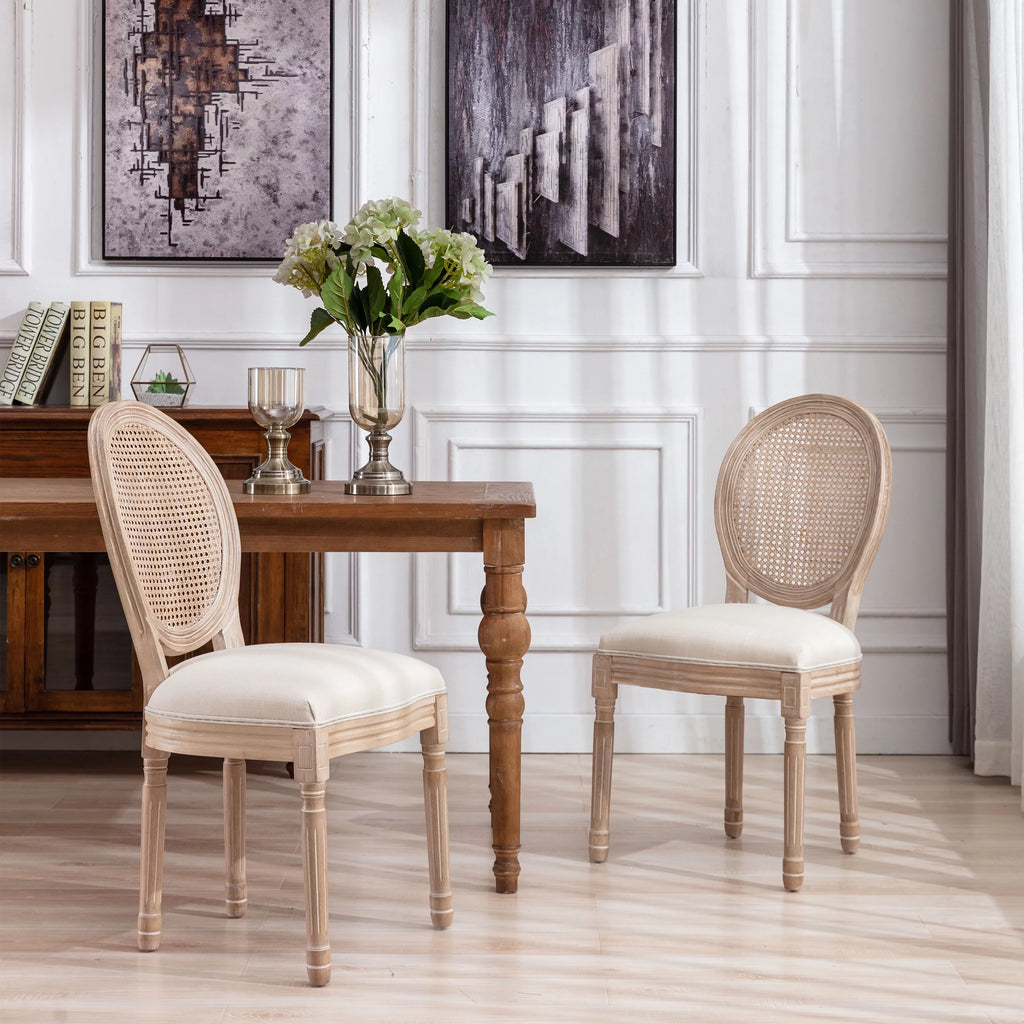 French Style Solid Wood Frame Linen Fabric Rattan Back Dining Chair, Set of 2 I695985