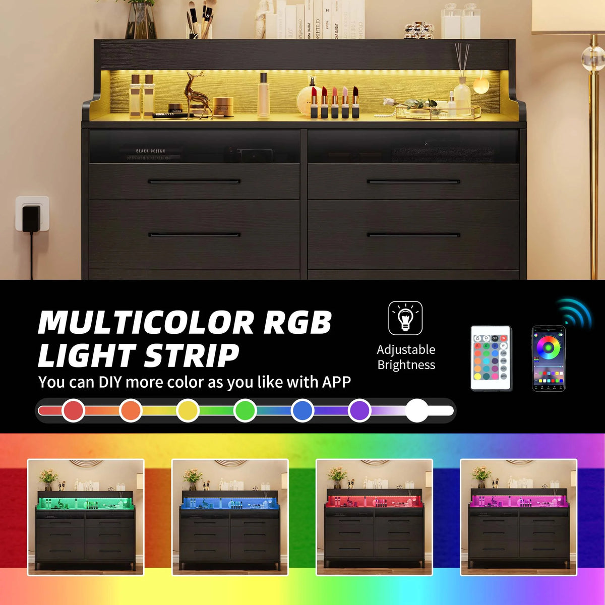 Black 6 Drawer Dresser with LED Light and Open Storage C696363