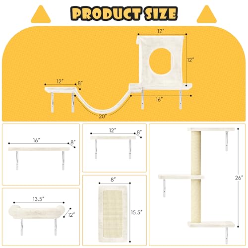 Gray 7 Pcs Cat Wall Shelves with House, Tunnel, Bridge, Steps, Scratcher, Hammock, Bed X838