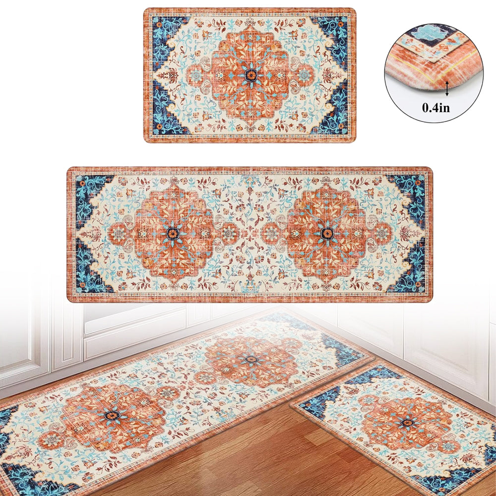 2pcs Waterproof Non Slip Kitchen Mat 0.4" Thick Cushioned Rug 17"x48"+17"x28" Orange M4497