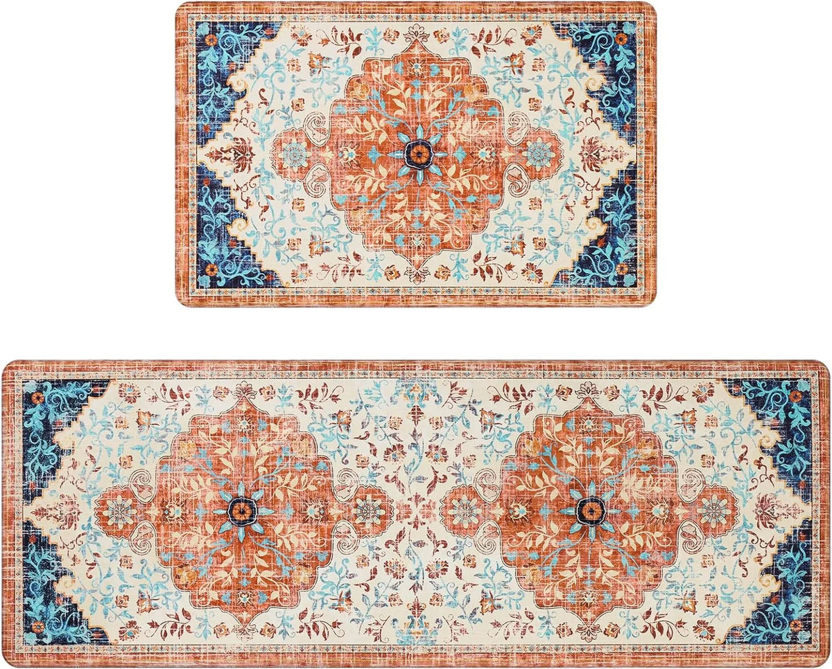 2pcs Waterproof Non Slip Kitchen Mat 0.4" Thick Cushioned Rug 17"x48"+17"x28" Orange M4497