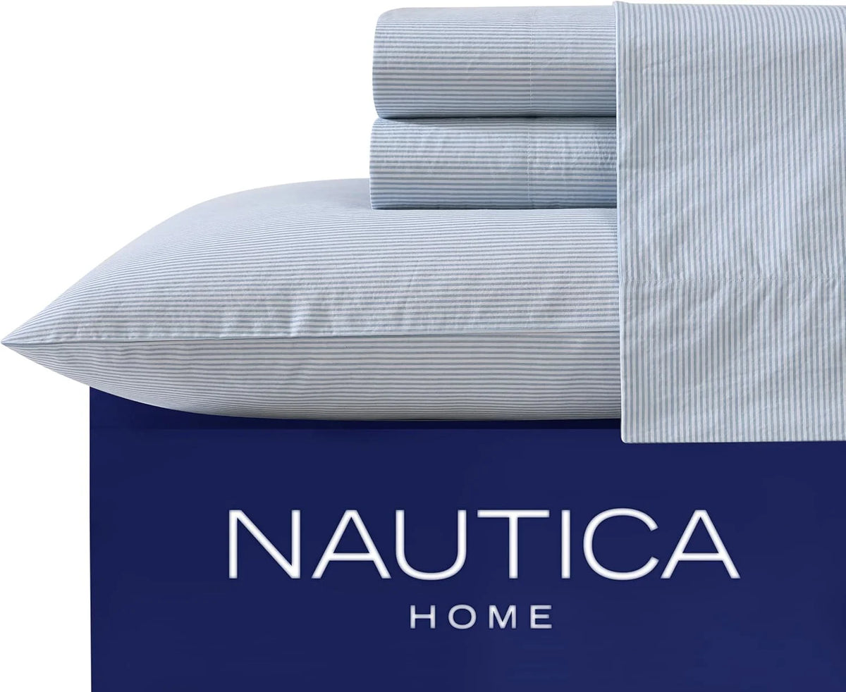 Penny Pinstripe Blue Cotton Percale Sheet Set V347