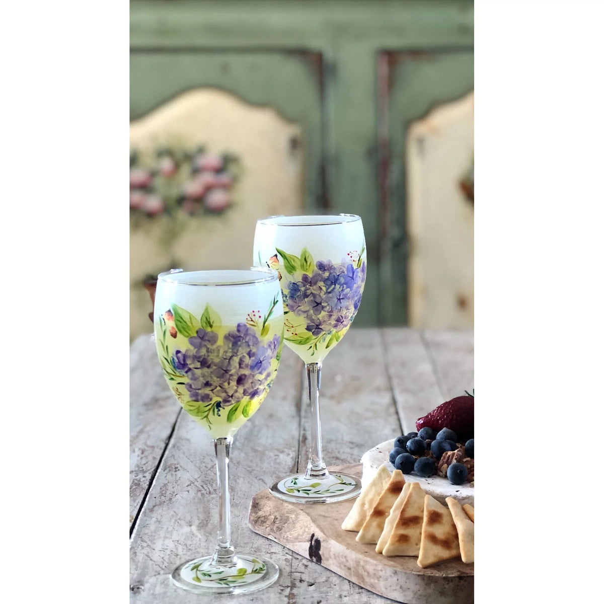 Set of 2 White and Blue Floral Hand Painted Wine Glass 10.5 oz M802690