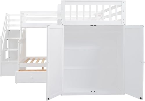 Twin-Twin Over Full Triple Bunk Bed with Storage Stairs, Wardrobe and Desk, Solid Wood L-Shaped 3 Bunk Bed with Ladder, Shelves, Headboard, Guardrail (Grey) R202