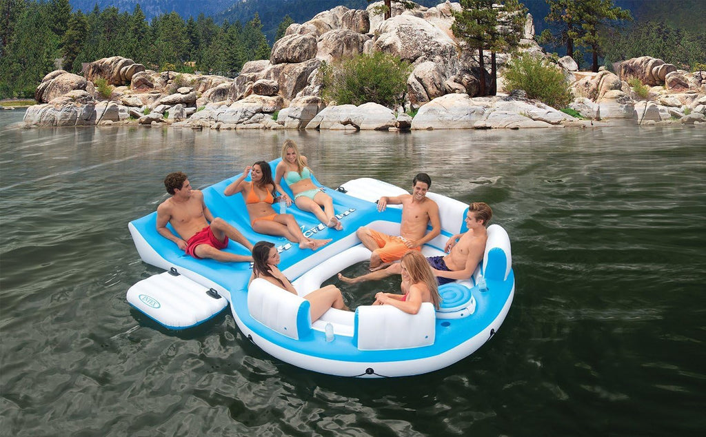 Blue 4 Person Vinyl Pool Raft Lounger with Cup Holders E891
