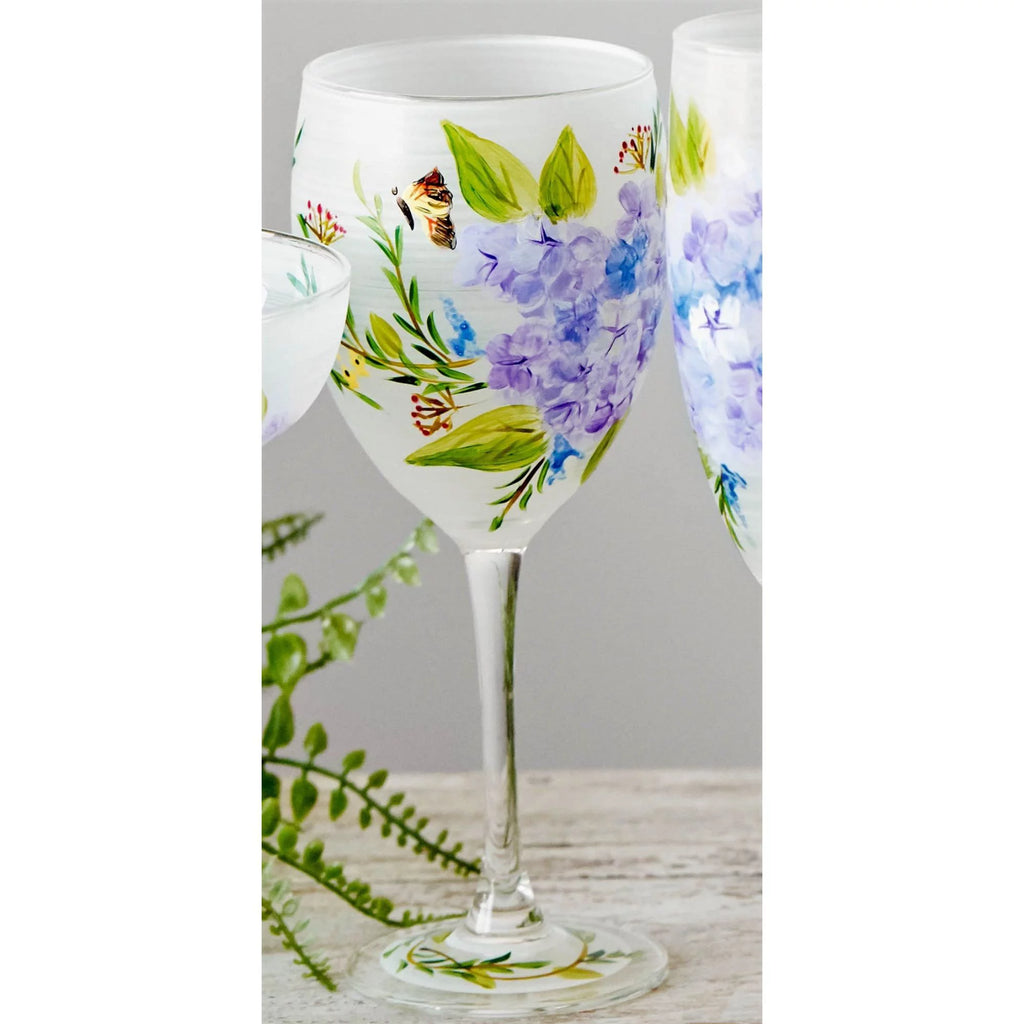 Set of 2 White and Blue Floral Hand Painted Wine Glass 10.5 oz M802690
